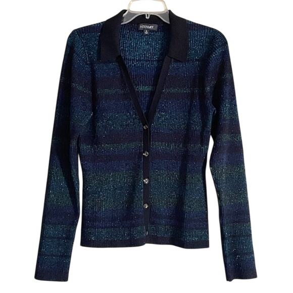 Intermix Sienna Ribbed Metallic Blue Green Striped Lurex Cardigan Collar Stretch - Picture 6 of 14